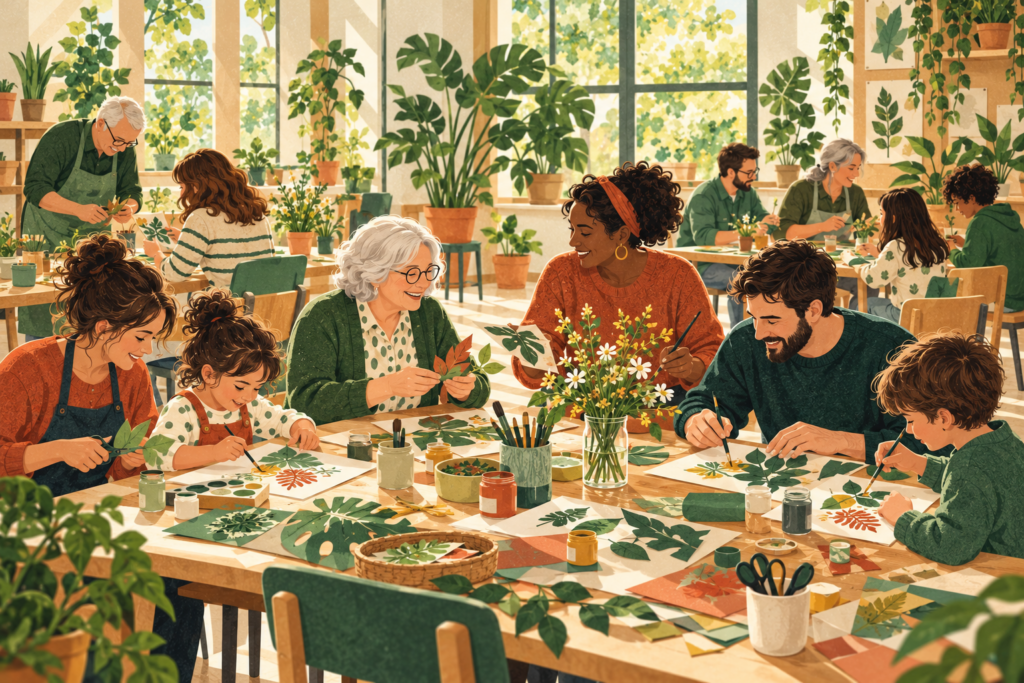Illustration of neighbours and families making art together