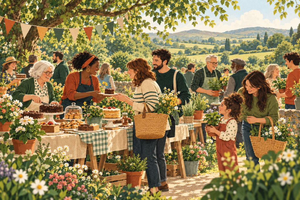 Illustration of neighbours helping at an outdoor community fundraiser
