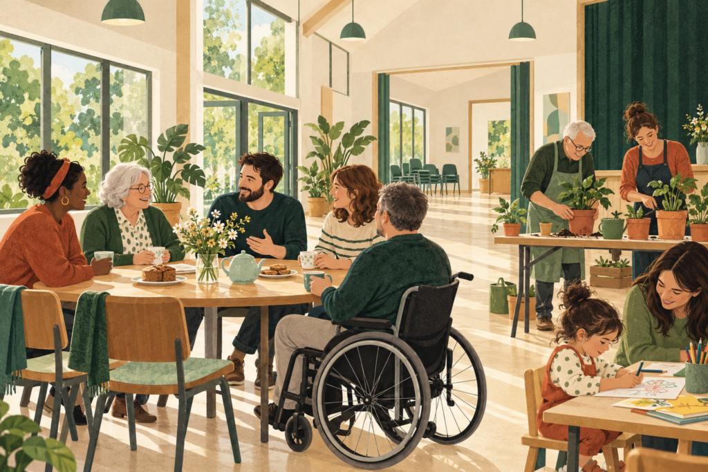 Illustration of neighbours enjoying conversation, gardening and creative activities together