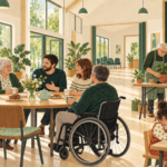Illustration of neighbours enjoying conversation, gardening and creative activities together
