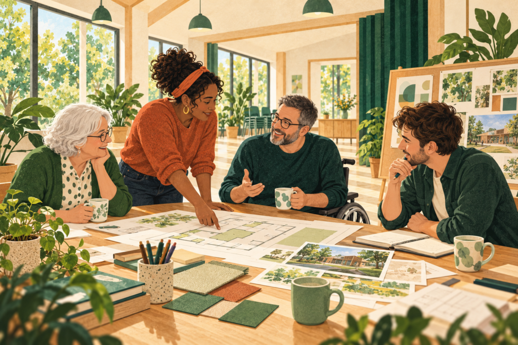 Illustration of volunteers sharing ideas and planning a community hall