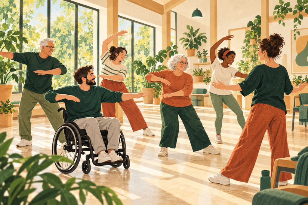 Illustration of an inclusive movement group with neighbours of different ages