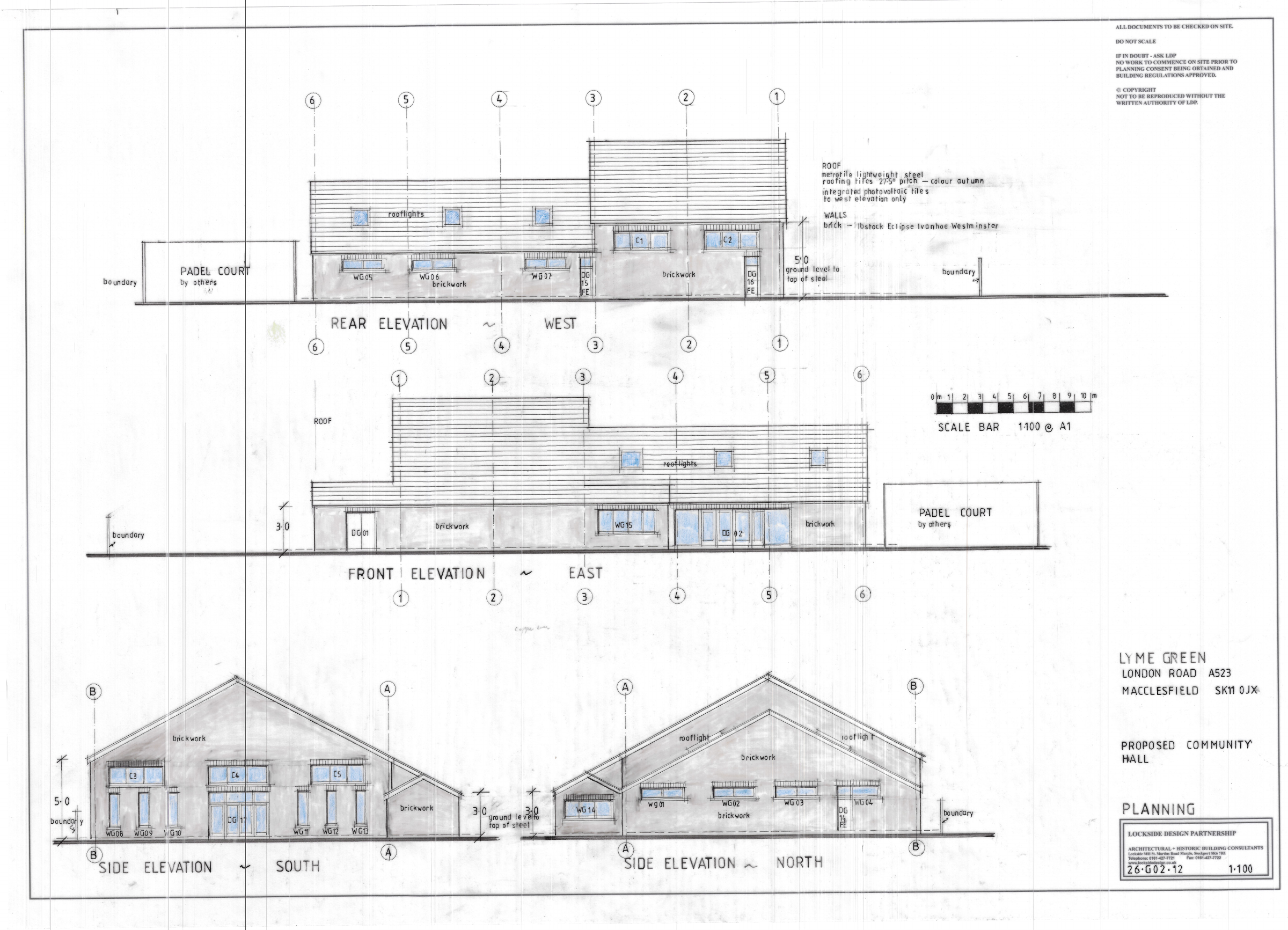 Supplied east, west, north and south elevation drawings showing pitched roofs, rooflights, high-level glazing and material notes.