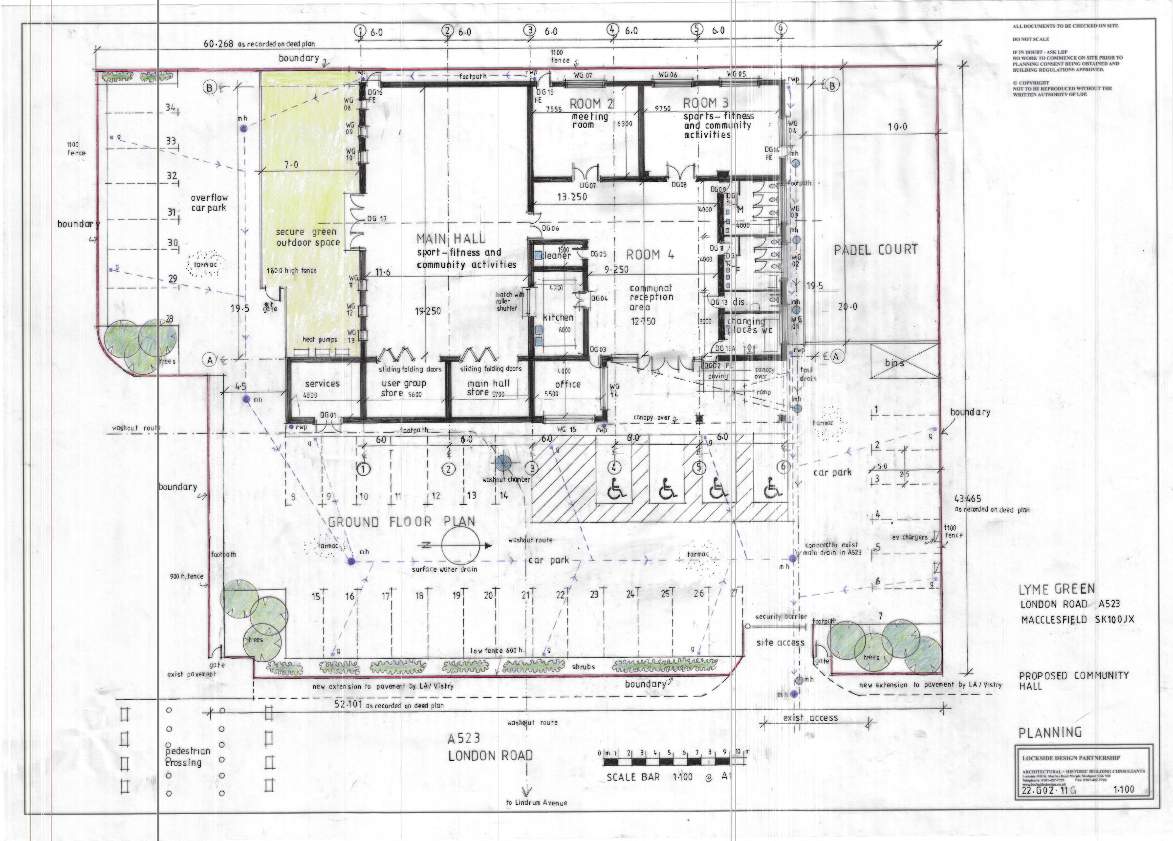Supplied ground-floor and site planning drawing, showing hall rooms, secure garden, padel court, footpaths, accessible parking and site access. Downloadable PDF and text summary are provided.