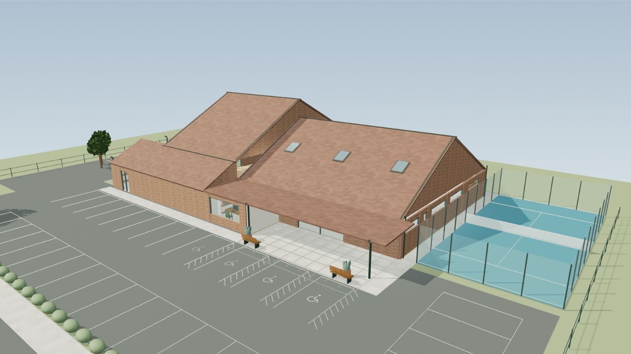Illustrative hall exterior with refined brick, roofing, paving, foliage and natural daylight, following the supplied planning drawings.