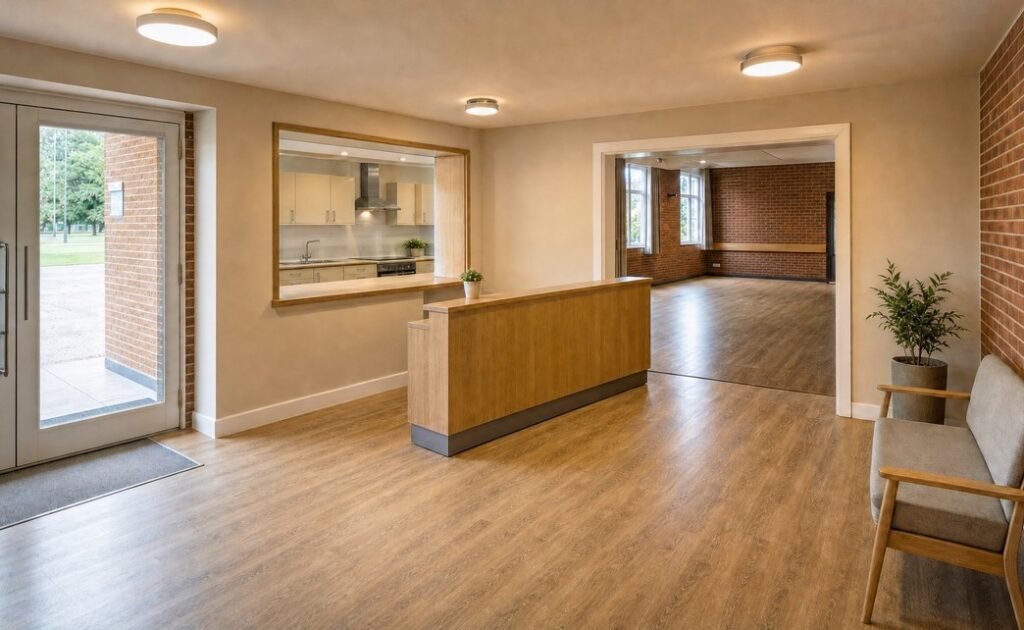 Illustrative reception and kitchen servery from the project brochure